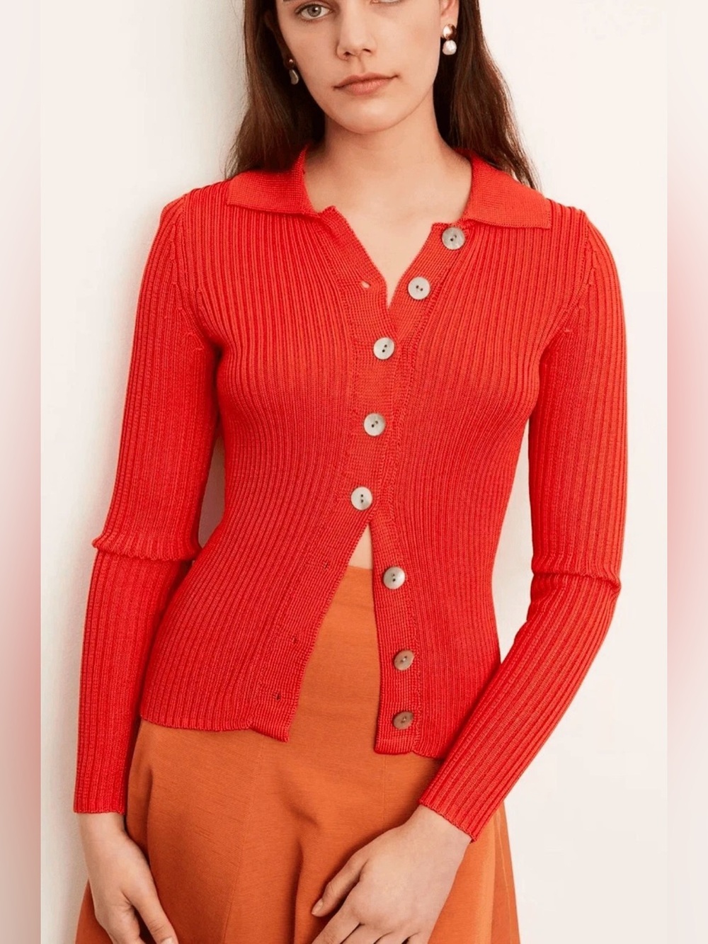 Vince Ribbed Collar Cardigan Sweater in Papaya Size Small